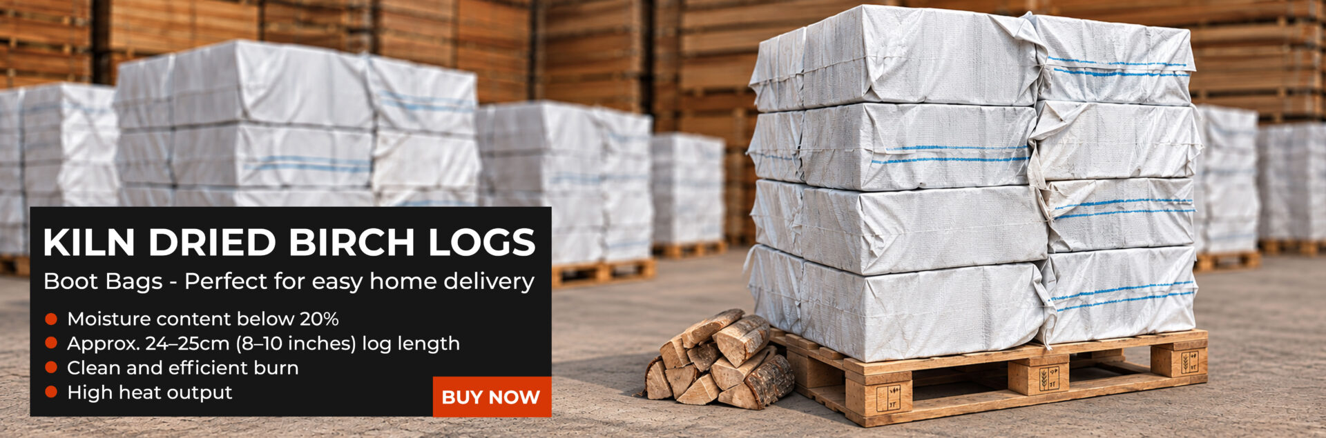 Kiln dried birch logs in boot bags – Out of Yard