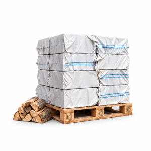 Kiln dried hardwood logs boot bags on pallet