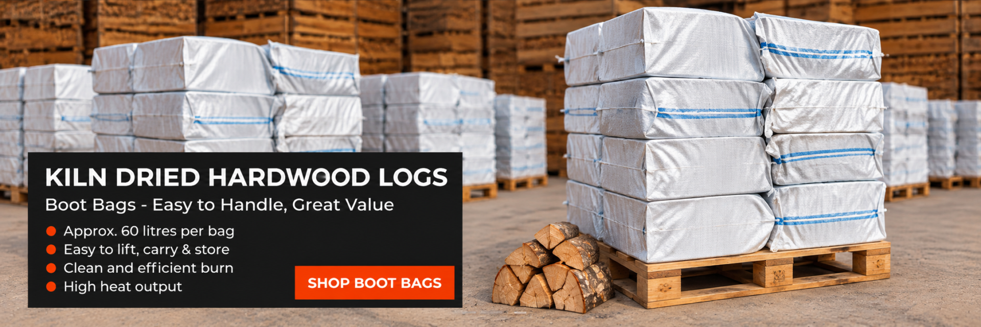 Kiln dried hardwood logs in Boot Bags for home delivery