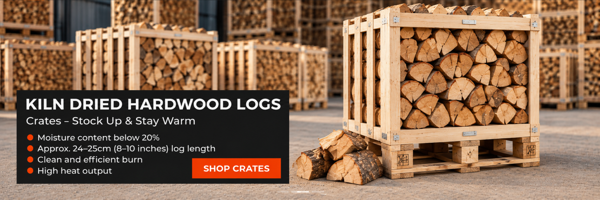 Kiln dried hardwood logs supplied in wooden crates