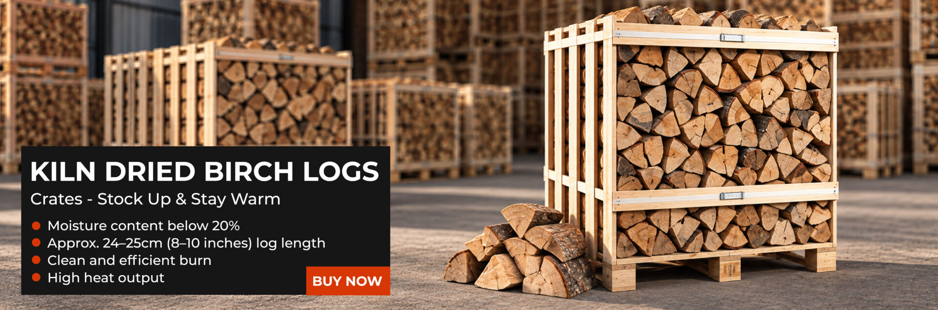 Kiln dried birch logs in wooden crates – Out of Yard