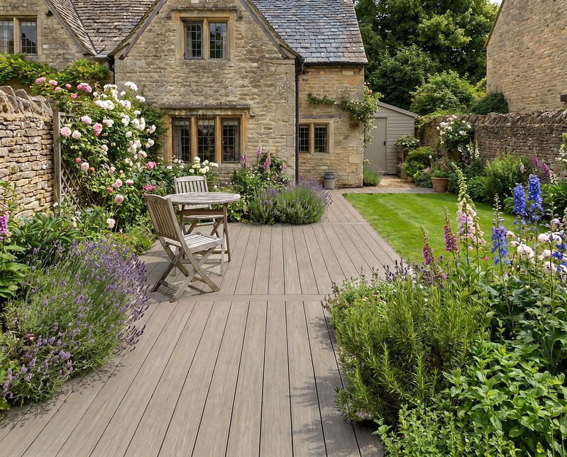 Eva-Last composite decking beside a stone cottage and planted garden