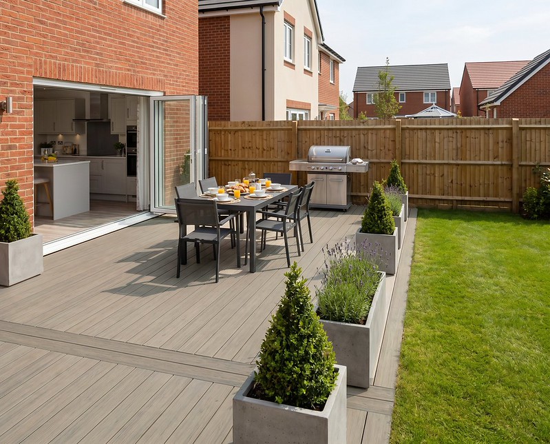 Eva-Last composite deck with outdoor dining beside a family home